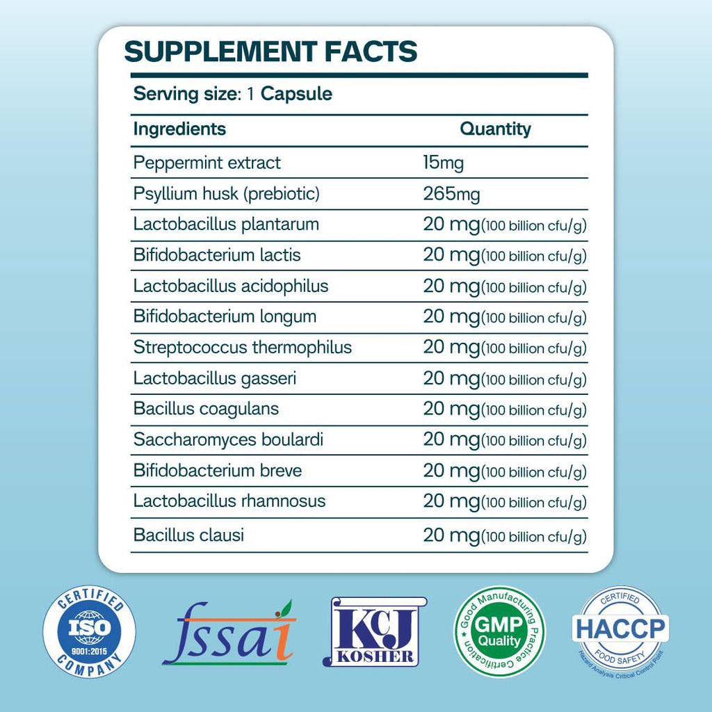 ZEROHARM Gut Army Probiotics for Constipation & IBS | 100 Billion CFU, 11 Strains | Psyllium Husk (Isabgol) & Peppermint | Gas & Bloating Relief, Digestive Comfort, Bowel Regularity | Men & Women | 60 Capsules