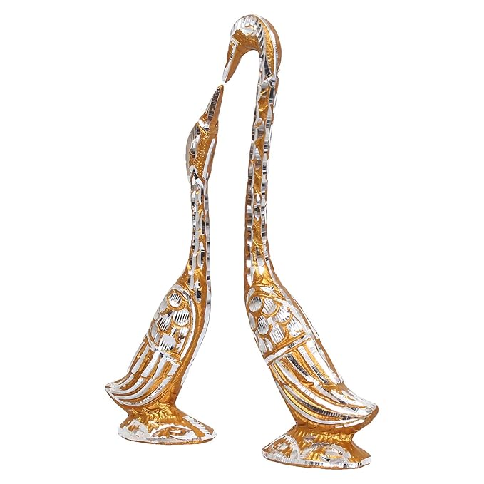 Artisyn Silver and Golden Metal Loving Kissing Swan Couple Statue Cute Love Birds Figurines Showpieces
