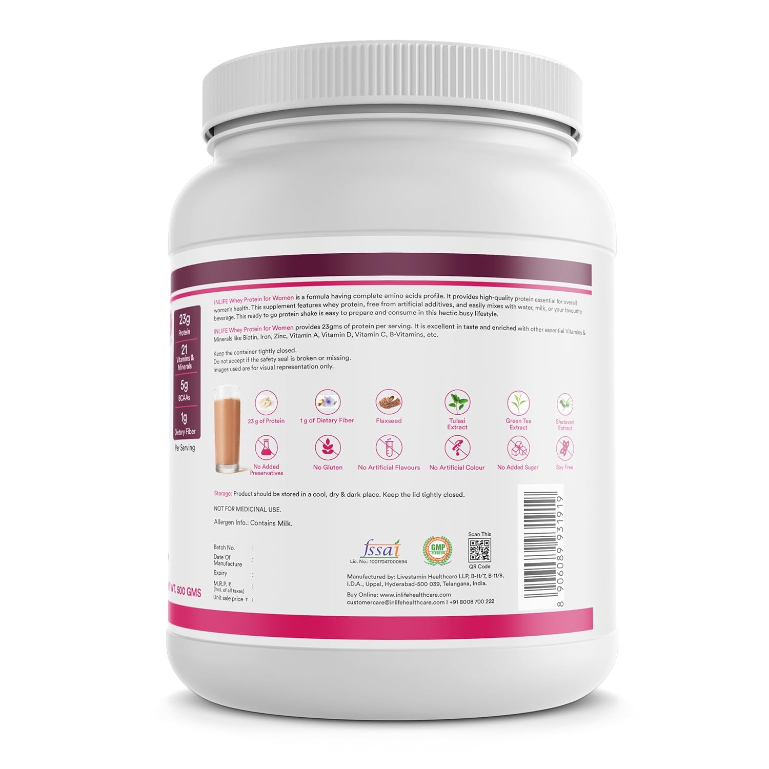 INLIFE Whey Protein Powder for Women | Ayurvedic Herbs, 23g Protein, 21 Vitamins Minerals, Omega 3 6, Digestive Enzymes, Hair Skin Nails 500g (500g, Chocolate)