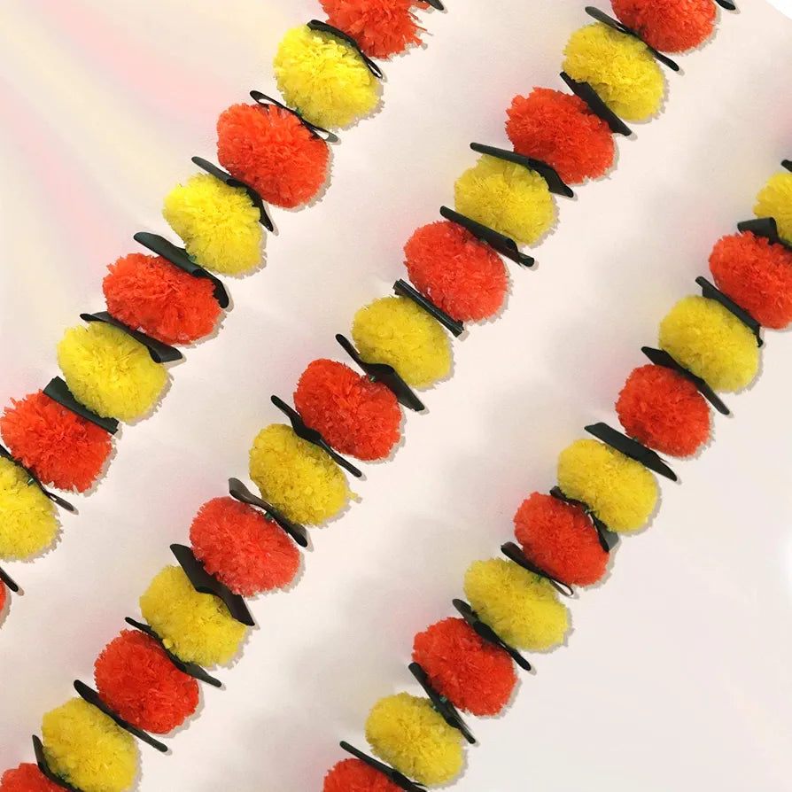Reusable Artificial Flowers Hanging Garlands with Mango Leaf Artificial Marigold Genda Flowers Toran Pack of 3 Red & Yellow