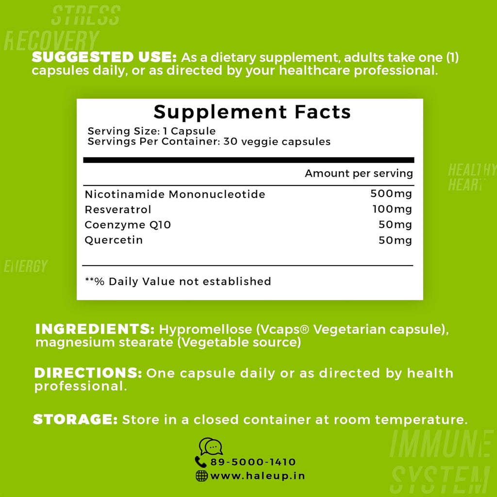 Haleup Usa Nmn 500 Mg 3-In-1 Formula,Enriched With Resveratrol,Quercetin And Coq10|99.9% Pure|Healthy Ageing|Cellular Repair|Boost Nad+|Energy Levels|Skin Health,1 Count,30 Capsules
