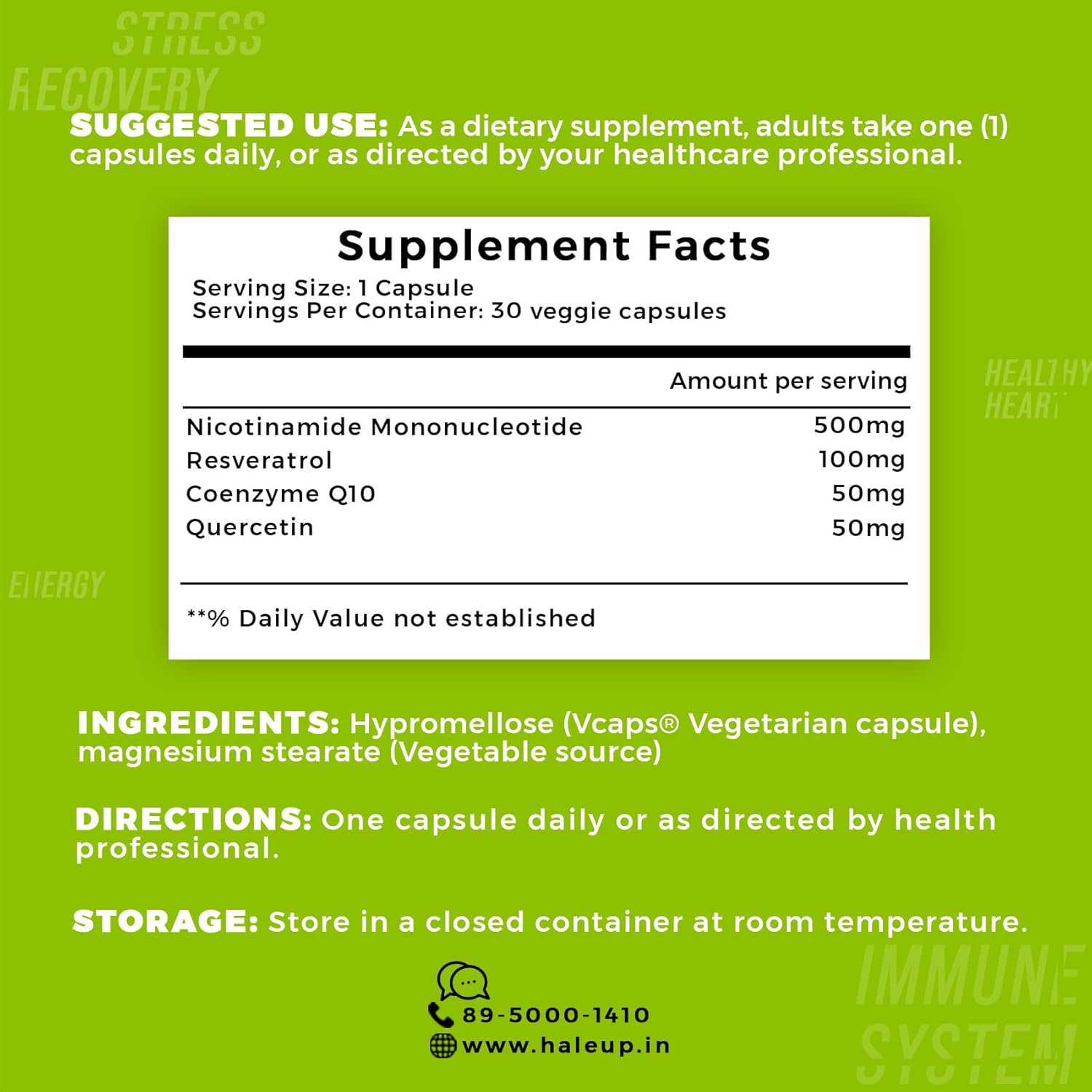 Haleup Usa Nmn 500 Mg 3-In-1 Formula,Enriched With Resveratrol,Quercetin And Coq10|99.9% Pure|Healthy Ageing|Cellular Repair|Boost Nad+|Energy Levels|Skin Health,1 Count,30 Capsules