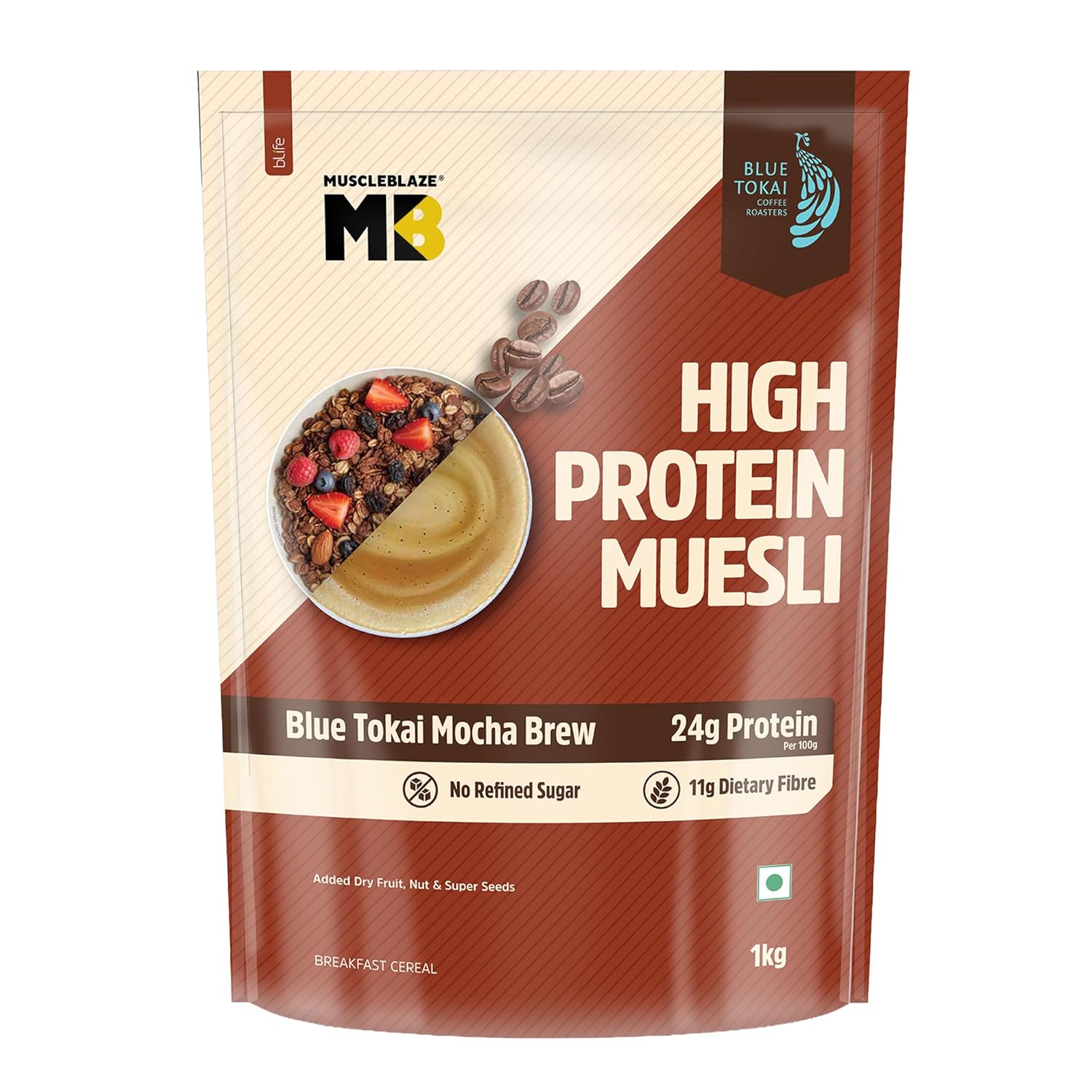 MuscleBlaze High Protein Muesli, Blue Tokai Mocha Brew| 24g Protein | With Raisins, Almonds & Super Seeds, High Protein Breakfast Cereals