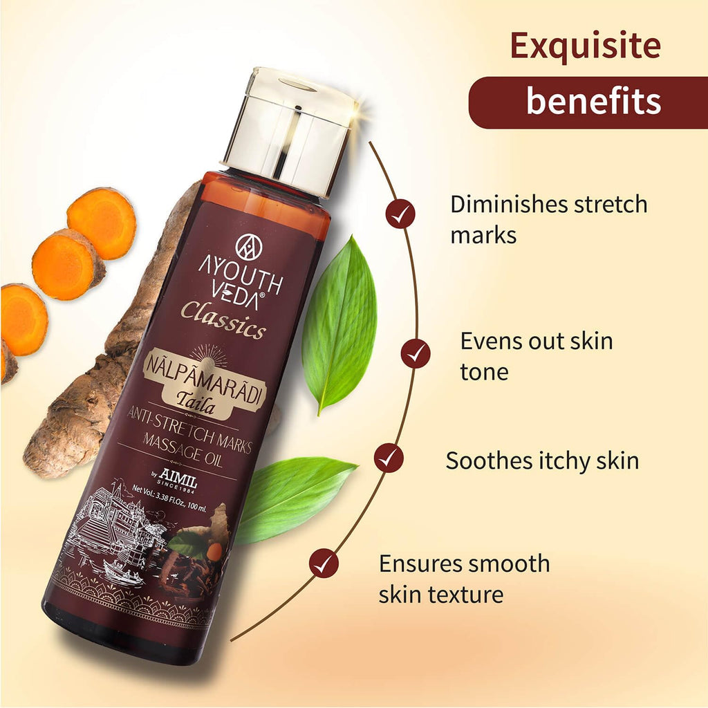 Ayouthveda Nalpamaradi Taila | Work as Stretch Marks Removal Massage Oil | Face & Body Oil Helps to Remove Pigmentation, Scars, Spots & Skin Taning (Pack Of 1-100ml)