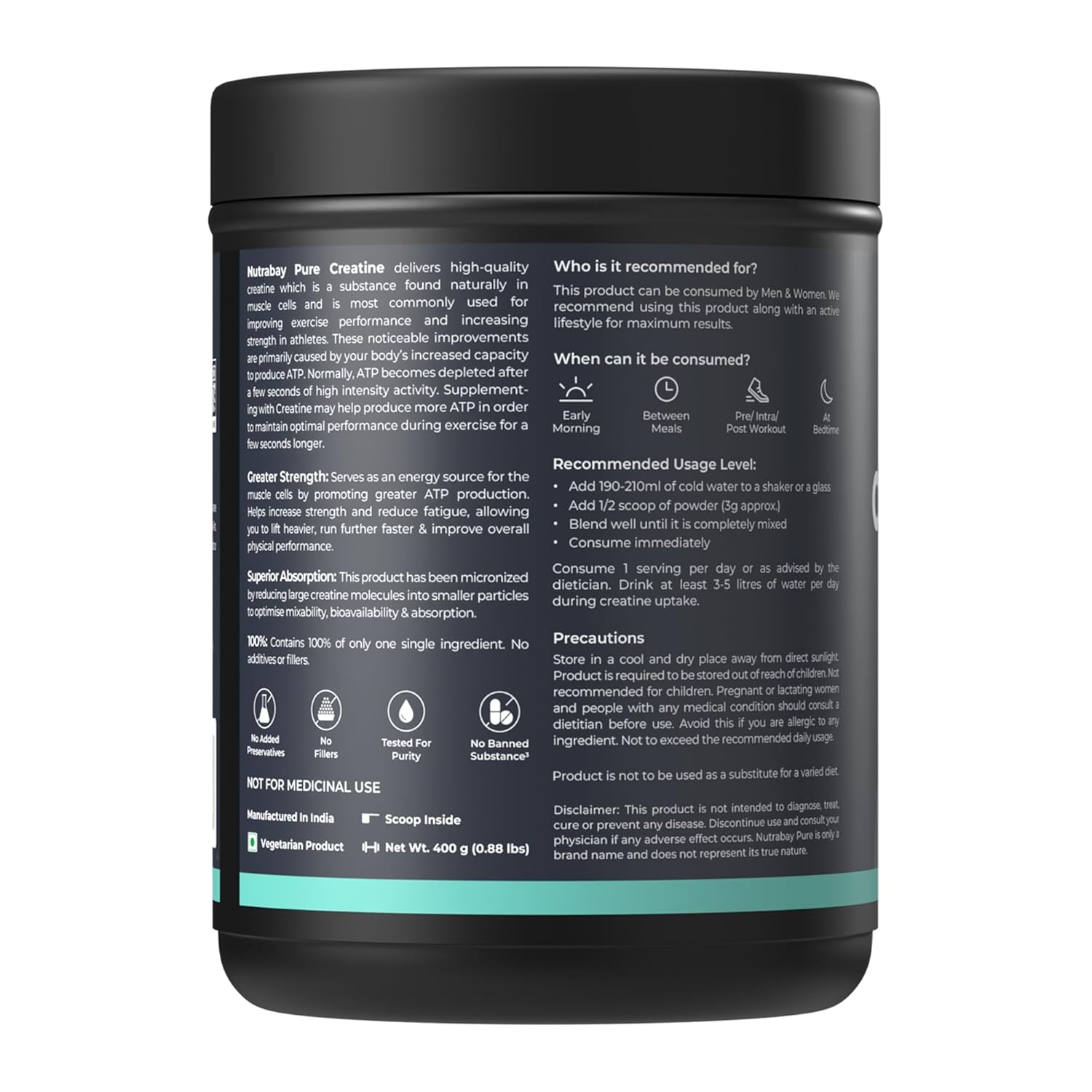 Nutrabay Pure Micronised Creatine Monohydrate Powder 3000 mg/Serving |Trustified Certified | Fast Absorption â€“ Increases Lean Muscle Mass, Strength & Power â€“ 400g, Unflavoured