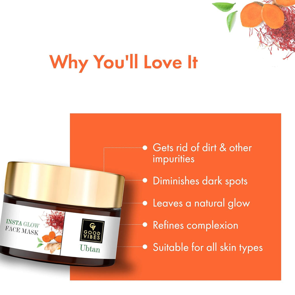 Good Vibes Ubtan Insta Glow Face Mask, 50 g | Brightening, Cleansing, Smoothening Face Pack For All Skin Types | With Turmeric, Saffron, Sunflower Seed Oil | No Parabens, Sulphates & Mineral Oil