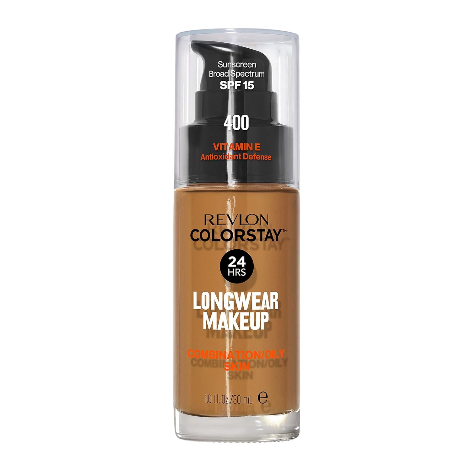 Revlon Liquid Foundation, ColorStay Face Makeup for Combination & Oily Skin, SPF 15, Medium-Full Coverage with Matte Finish, 400 Caramel, 1 Fl Oz