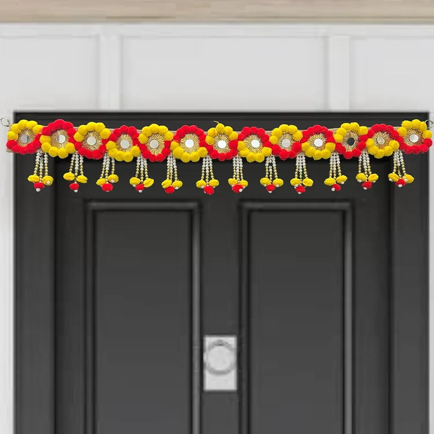 Pom Pom Toran 40 Inch Yellow & Red Decorative Jute Door Toran with Beads Jute Patta With Pom Pom Toran