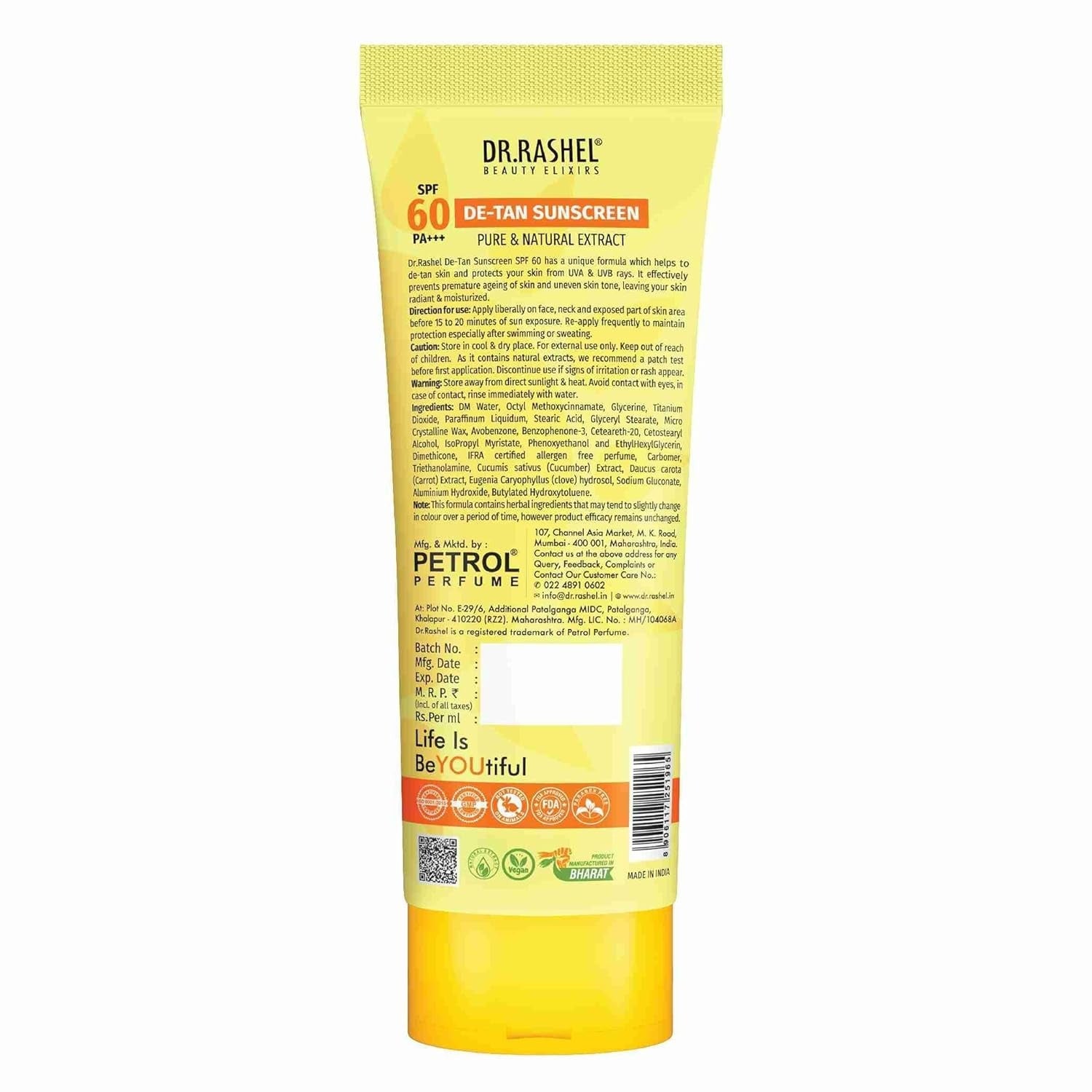 Dr.Rashel De-tan Sunscreen Spf 60 Pa+++ Ultra Soothing With Cucumber & Carrot Extracts -100 ml