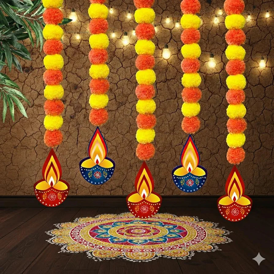 Marigold Artificial Flowers for Decoration Long Garland 5 Pcs with Diya-Cutout