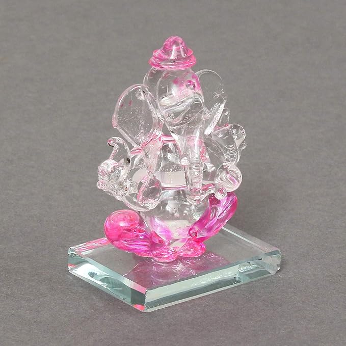 Ecraftindia Pink and Transparent Double Sided Crystal Car Ganesha Showpiece