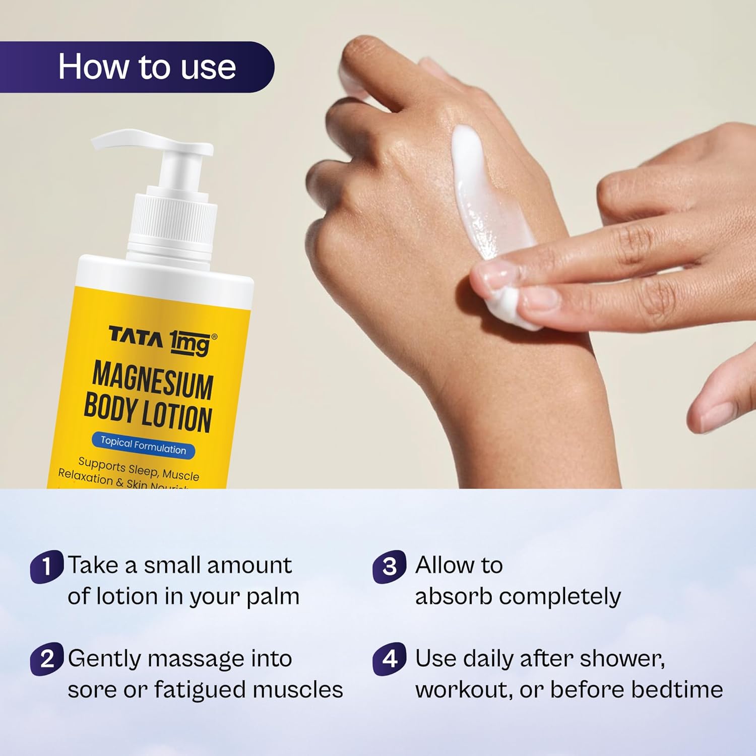 Tata 1mg Magnesium Body Lotion | Topical Body Lotion for Sleep, Muscle Relaxation & Recovery | Enriched with Chamomile, Shea Butter & Vitamin E | Dermatologically Tested | 250ml