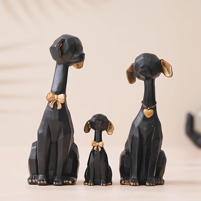 Ecraftindia Black Golden Set of 3 Cute Dog Statues Animal Figurines Decorative Showpieces