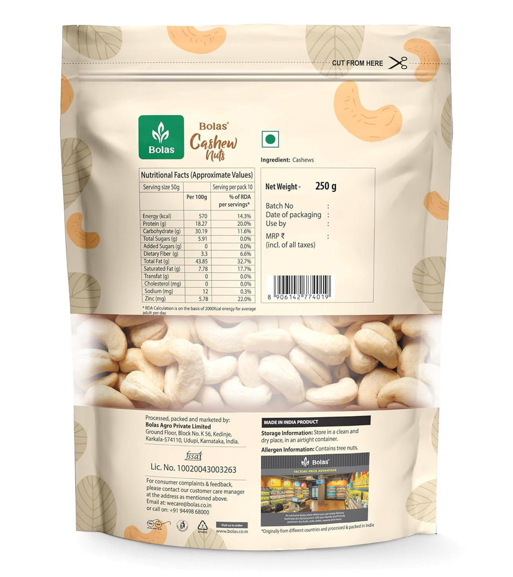 Bolas Whole Cashew Nuts 250g | Kaju Grade W320 | Nutritious & Delicious | Rich in Protein, Magnesium & Phosphorus | Gluten Free | Dry Fruits
