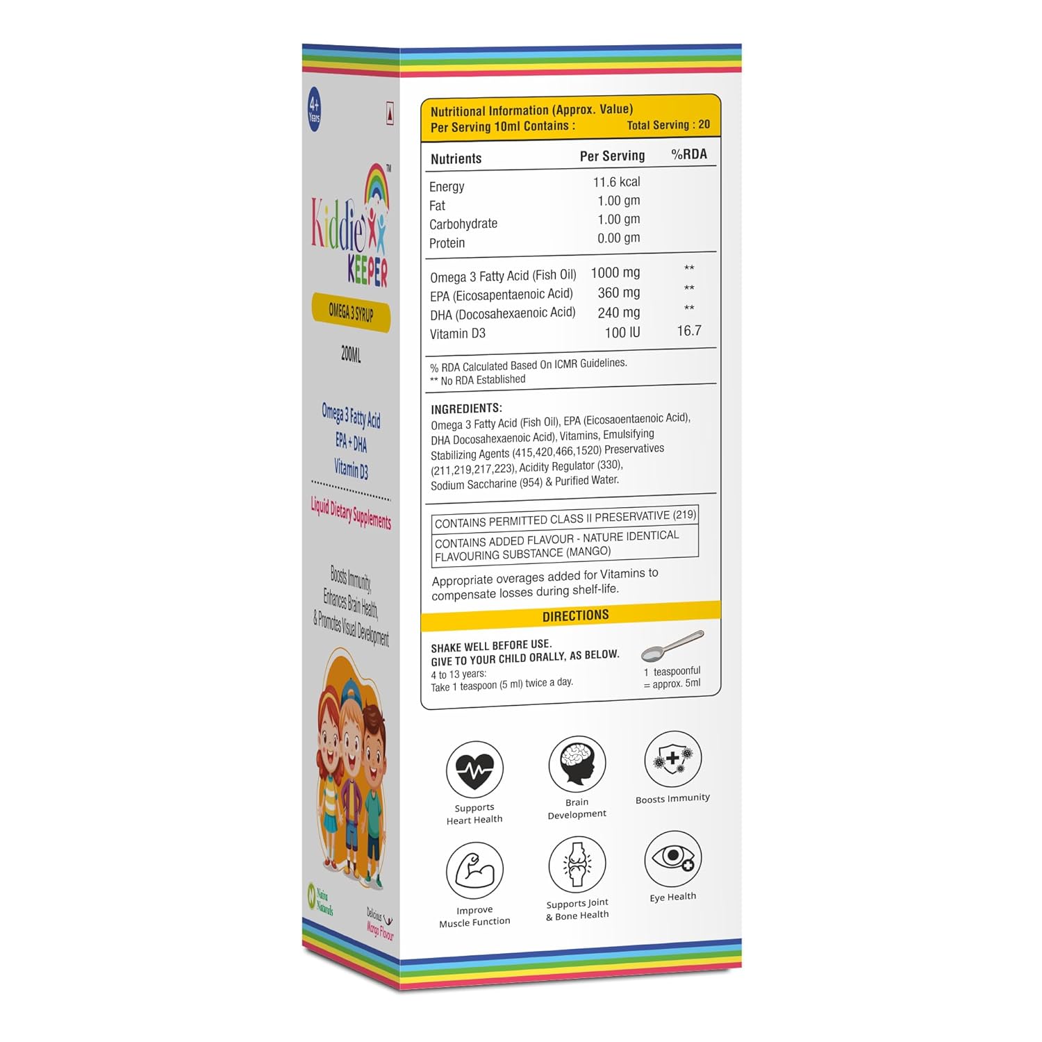 Omega-3 Fish Oil Syrup for Kids 4+ Years | DHA & EPA with Vitamin D3 | Mango Flavoured Liquid Supplement | No Added Sugar, No Preservatives | 200 ml