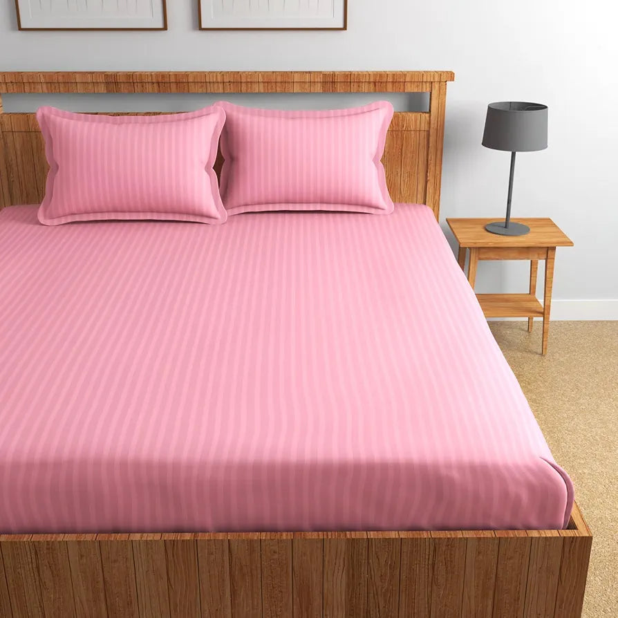Homefab India 160 TC Stripe Glace Cotton Double BedSheet with 2 Pillow Covers Baby Pink