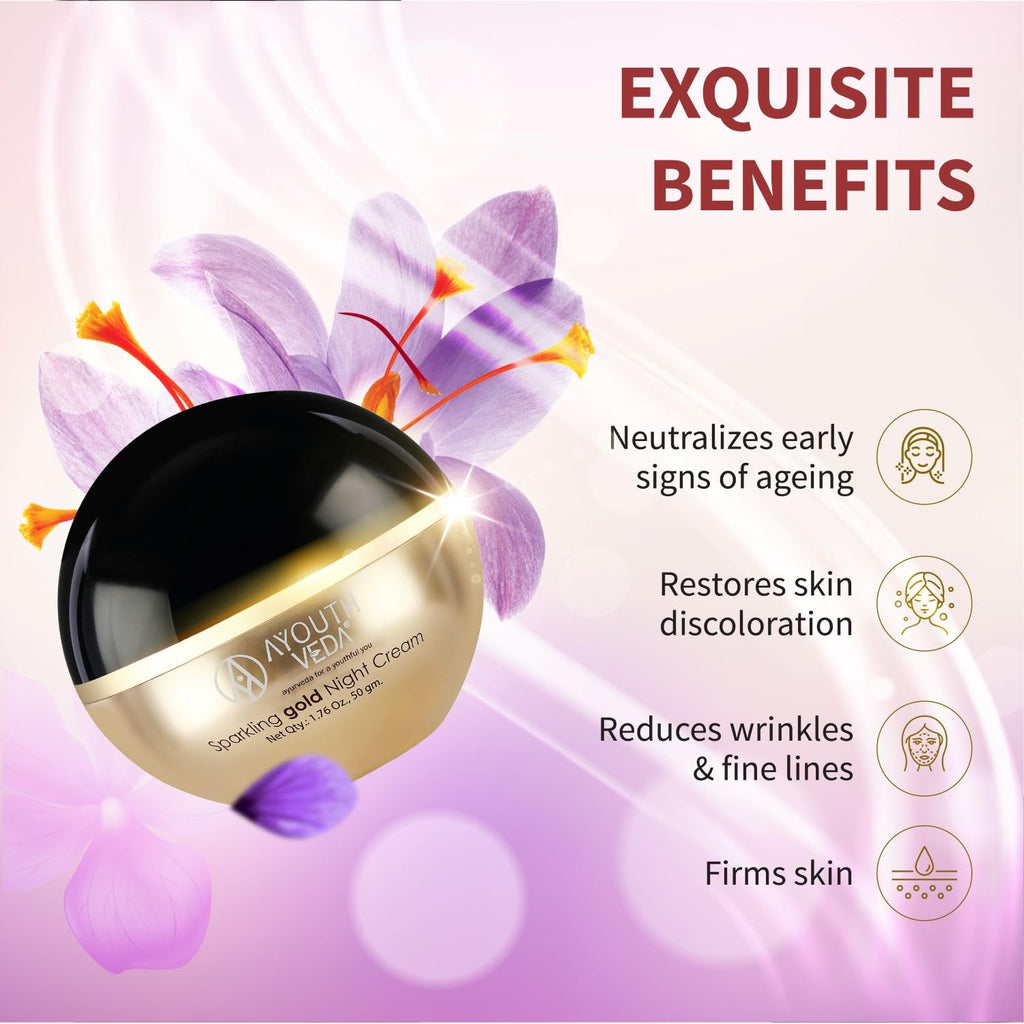 Ayouthveda Sparkling Gold Night Cream | 24K Nano Gold & Kashmiri Saffron | Reduces Fine Lines, Wrinkles & Dark Spots | Restores Skin Firmness & Elasticity | Overnight Anti-Ageing Face Cream (50g (Pack of 1))