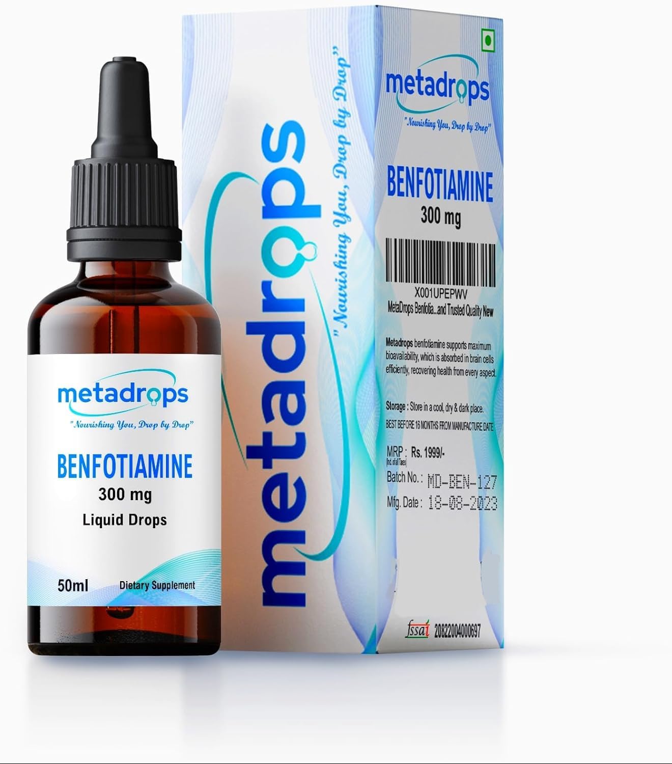 METADROPS Benfotiamine 300 Mg in Liquid Form - Premium Supplement for Nerve Health, Energy, and Glucose Metabolism Support - 50ml Bottle Providing 100 Servings - Fast Absorption and Trusted Quality