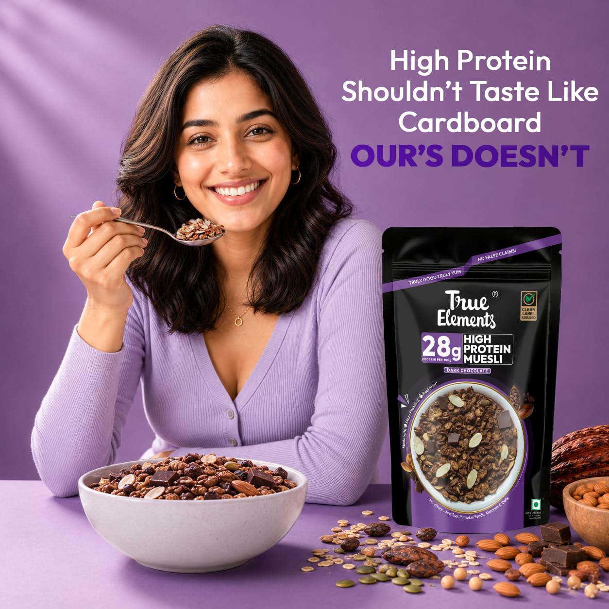 True Elements High Protein Muesli 400g | 28g Protein | Dark Chocolate | Healthy Breakfast Cereal | Rich in Nuts, Seeds & Wholegrains | No Added Preservatives