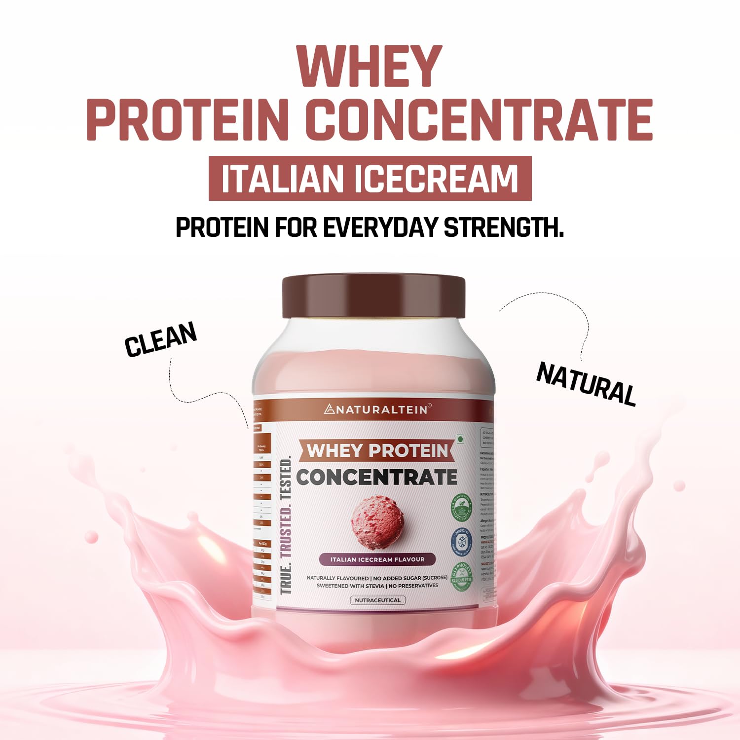 NATURALTEIN Natural Whey Protein Concentrate Italian Ice Cream â€“ 1 kg | 21.1 g Protein per Serving | Naturally Flavoured | No Artificial Sweeteners | Soy-Free, Gluten-Free & Easy to Digest
