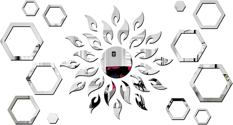 Bikri Kendra Art BK71 Sun with Hexagon Ring 2 Set - 3D Acrylic Mirror Stickers for Wall Silver