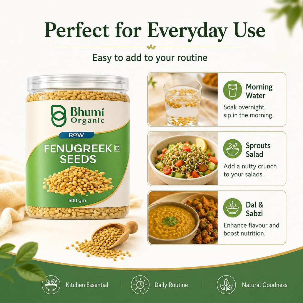 Bhumi Organic Fenugreek Seeds (Methi Dana) – Whole, 500g | Jaivik Bharat Certified, For Hair Growth, Diabetes & Digestion, No Preservatives