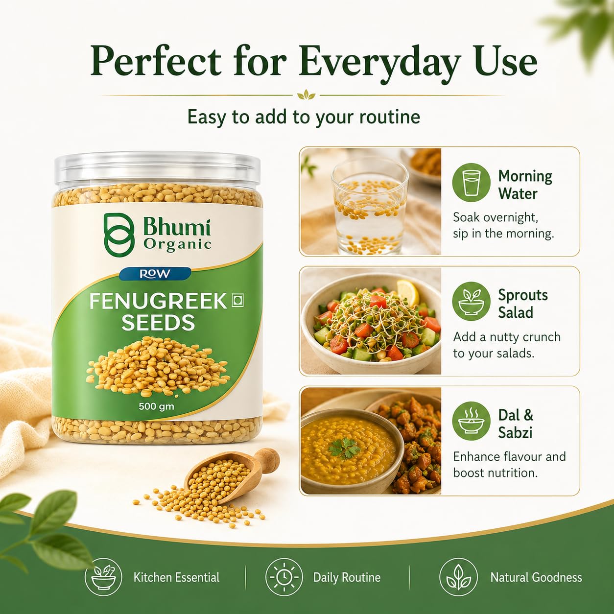 Bhumi Organic Fenugreek Seeds (Methi Dana) – Whole, 500g | Jaivik Bharat Certified, For Hair Growth, Diabetes & Digestion, No Preservatives