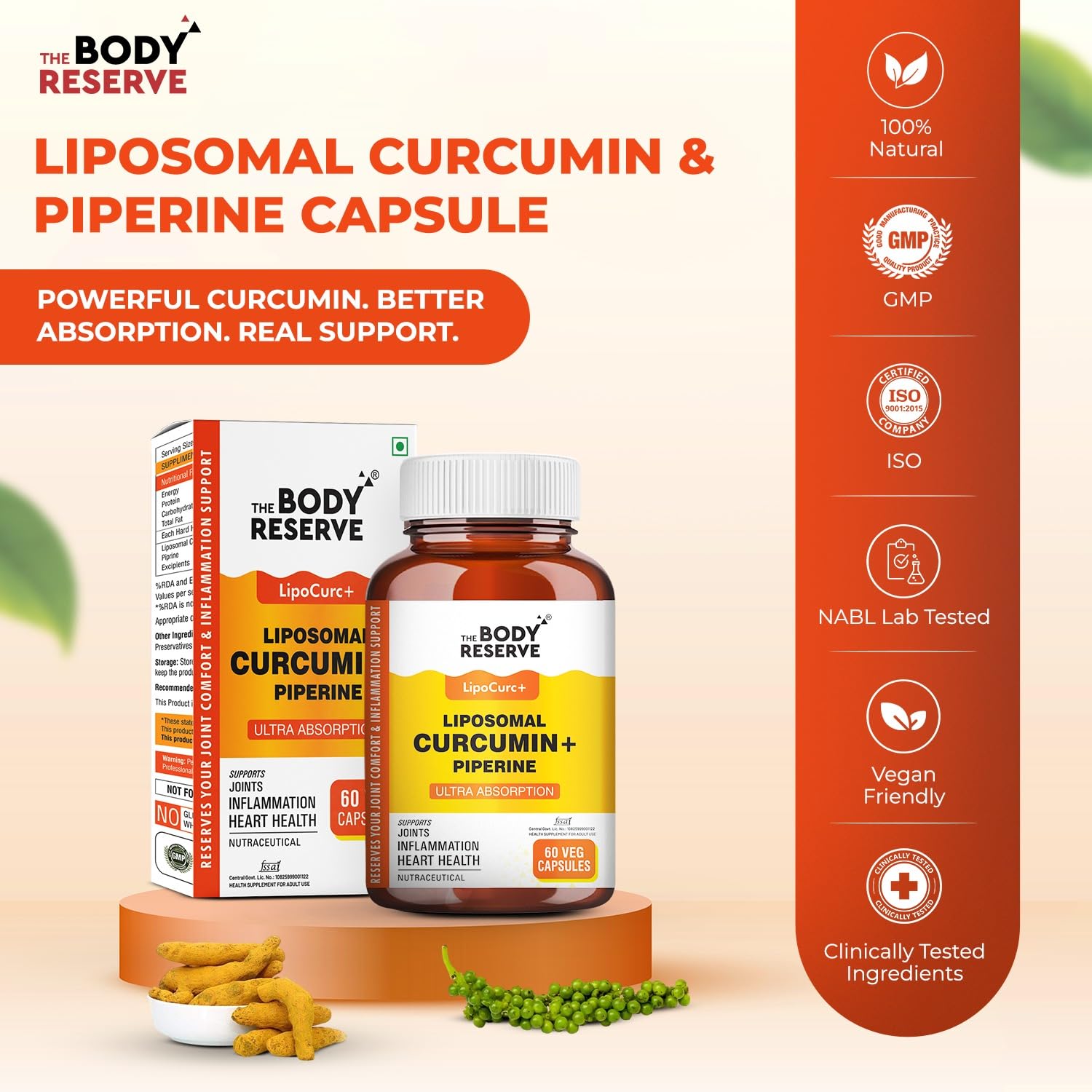 The Body Reserve Liposomal Curcumin Capsules, 500mg with Piperine, Anti-inflammatory Supplement for Adults Pure Turmeric Extract Supplement for High Absorption Joint & Heart Health Support for Adults â€“ 60 caps
