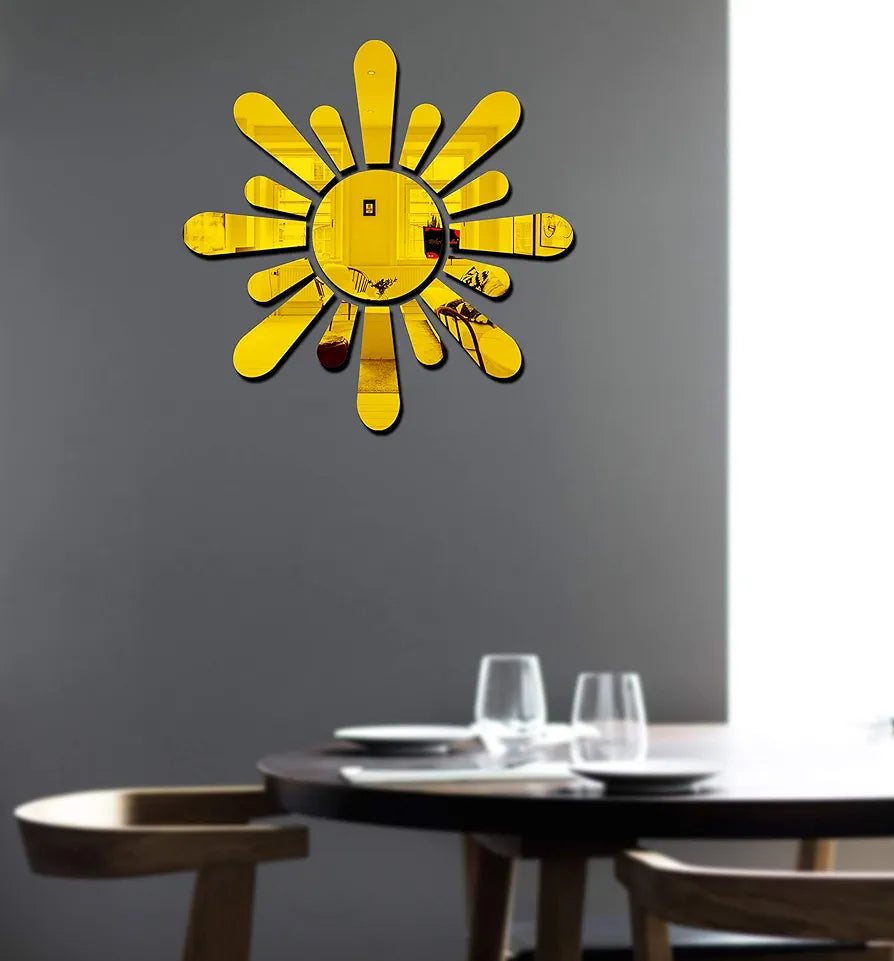 Bikri Kendra Sun Golden Model-12 Mirror Stickers for Wall, Acrylic Mirror Wall Decor Sticker