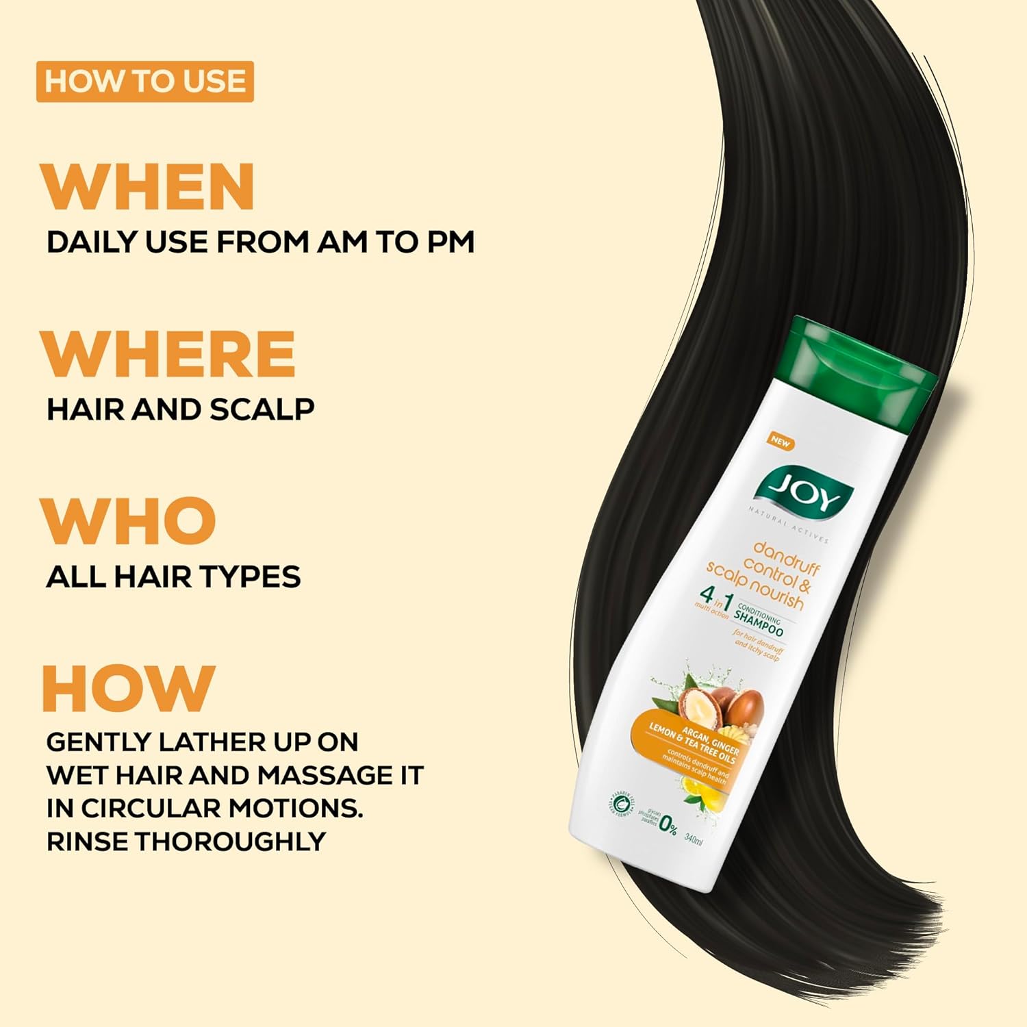 Joy Anti Dandruff Shampoo with Tea Tree, Ginger & Lemon for Dry & Itchy Scalp (340ml) | 4 in 1 Conditioning Shampoo for Dandruff Control & Soft Hair | Vegan & Paraben Free | For Men & Women