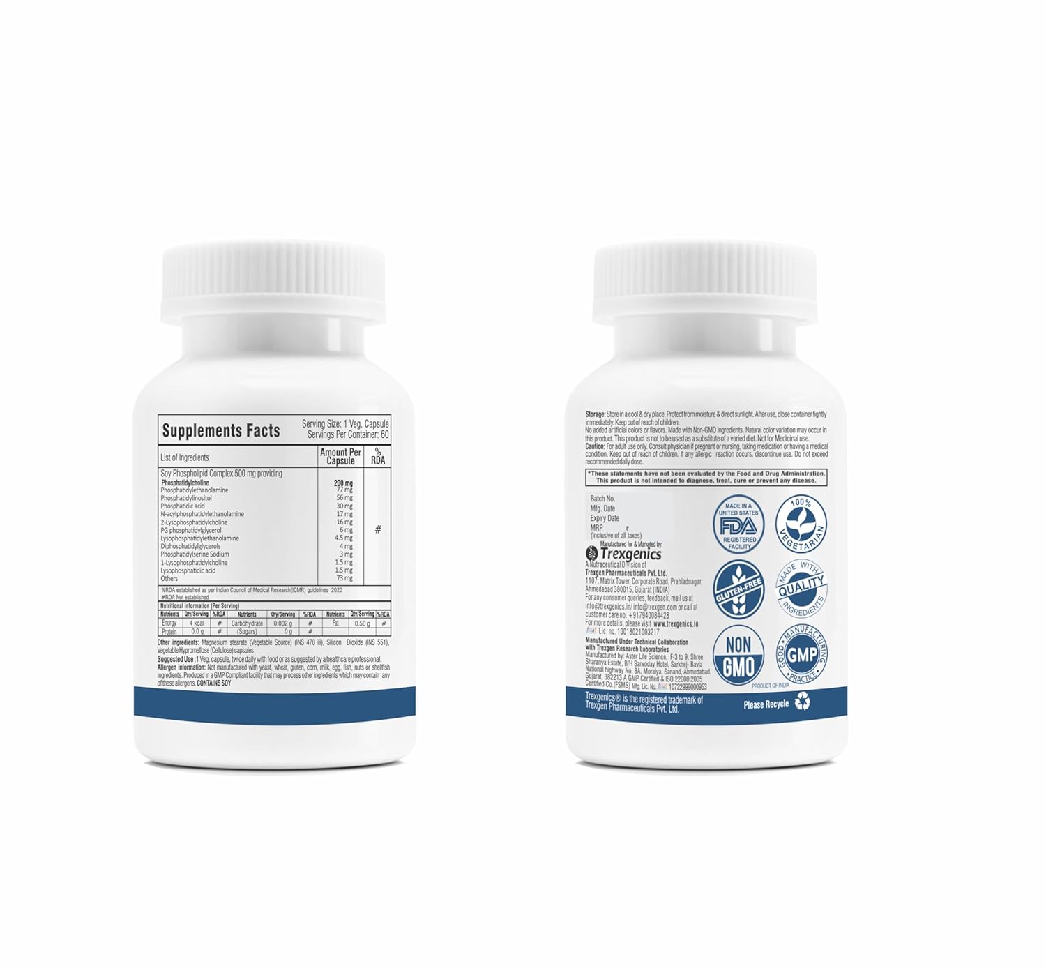 Trexgenics PHOSPHATIDYLCHOLINE 200 mg from Phospholipid Complex 500 mg, Cognitive Function, Liver and Brain Health, Fat Metabolism Support (60 Veg Capsules) (Pack of 1)