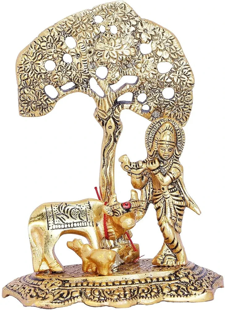 Chhariya Crafts Metal Krishna With Kamdhenu Cow Standing Under Tree Plying Flute