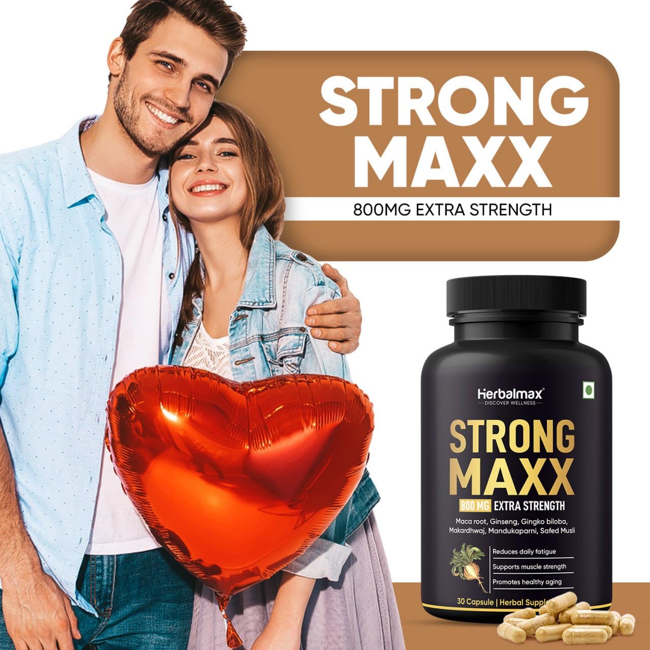 Herbal Max Strong Maxx Maca Root Capsules â€“ 800 mg | 30 Vegetarian Capsules | Natural Energy & Vitality Booster | Ayurvedic Supplement for Men & Women