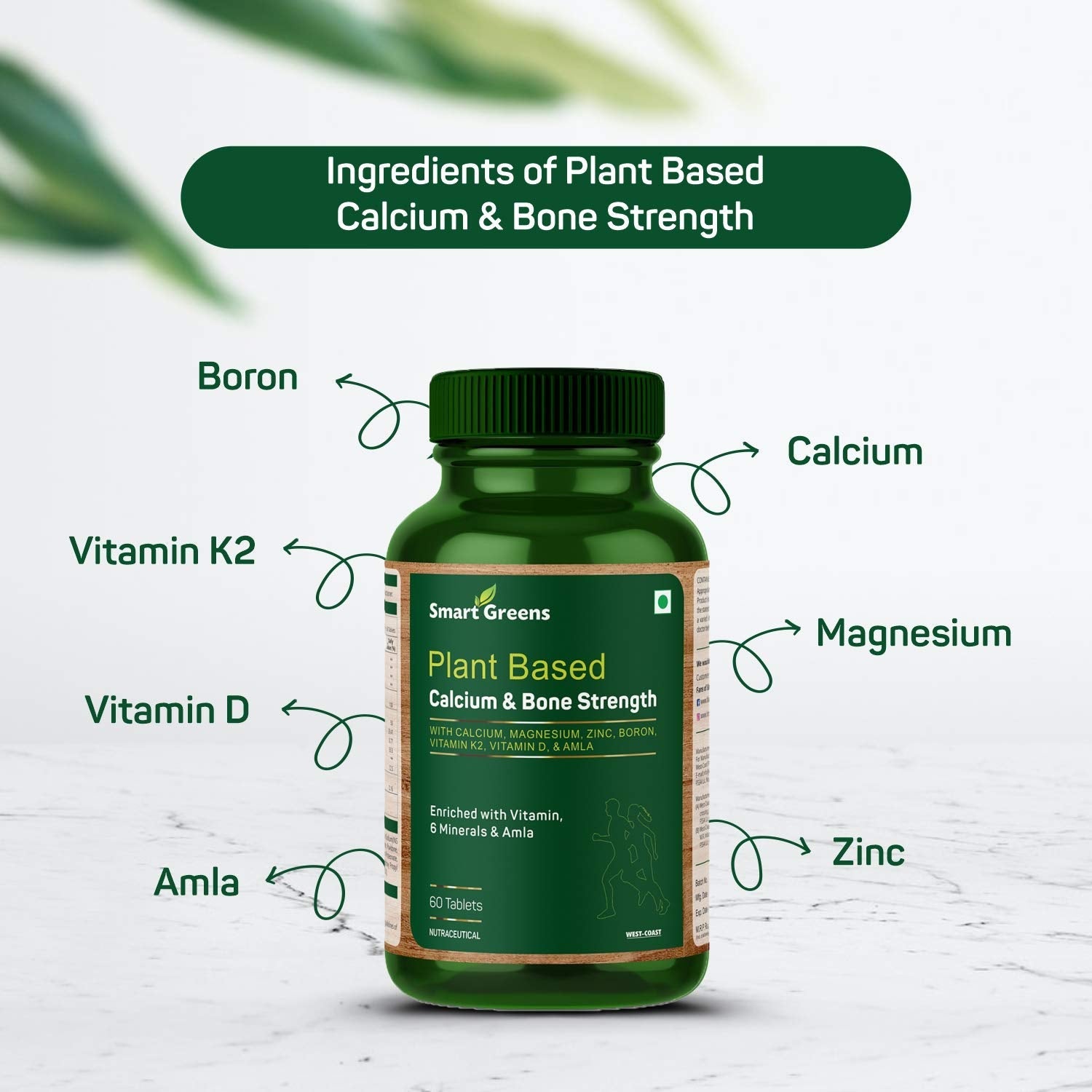 Plant Based Calcium & Bone Strength with Calcium, Magnesium, Zinc, Boron, Vitamin K2, Vitamin D & Amla â€“ 60 Tablets