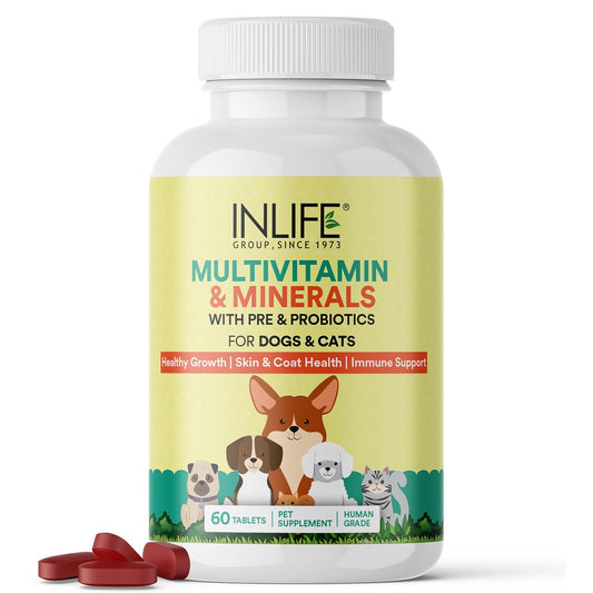 INLIFE Multivitamin for Dog Cat & Pets | Ginseng, Prebiotic & Probiotic Vitamin B12, C, D, E, Zinc & Biotin Supplement for Healthy Growth, Skin & Coat, Immune Support Supplement - 60 Tablets