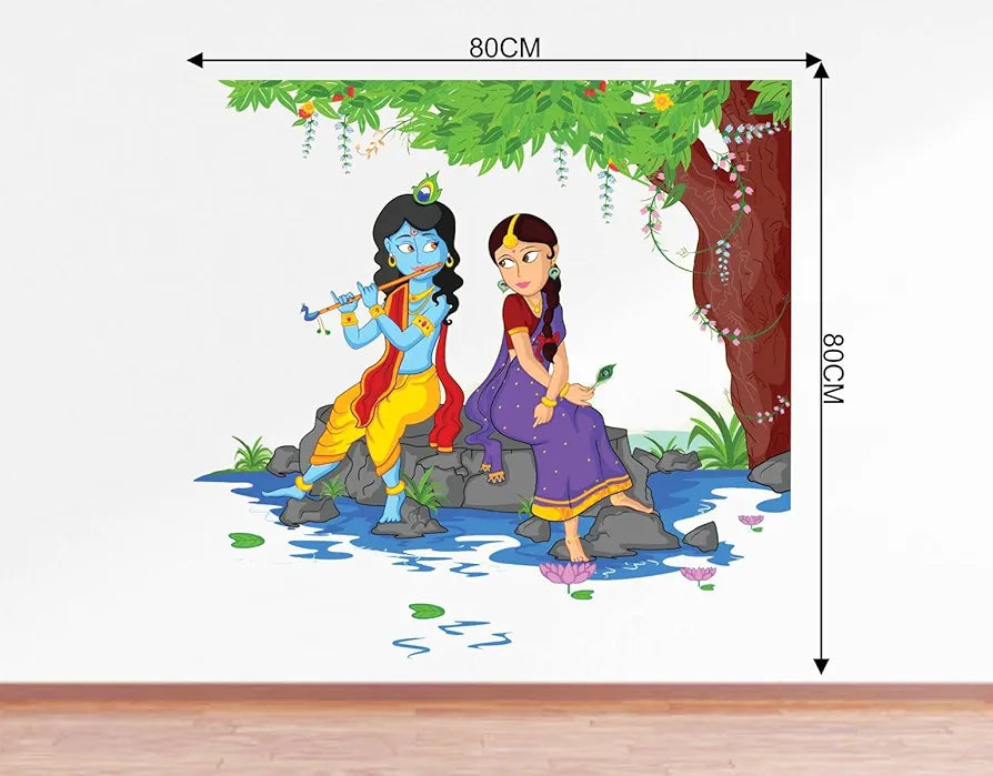 Rawpockets Decals Lord Krishna Playing Flute with Radha on River Bed Large Size  Wall Sticker