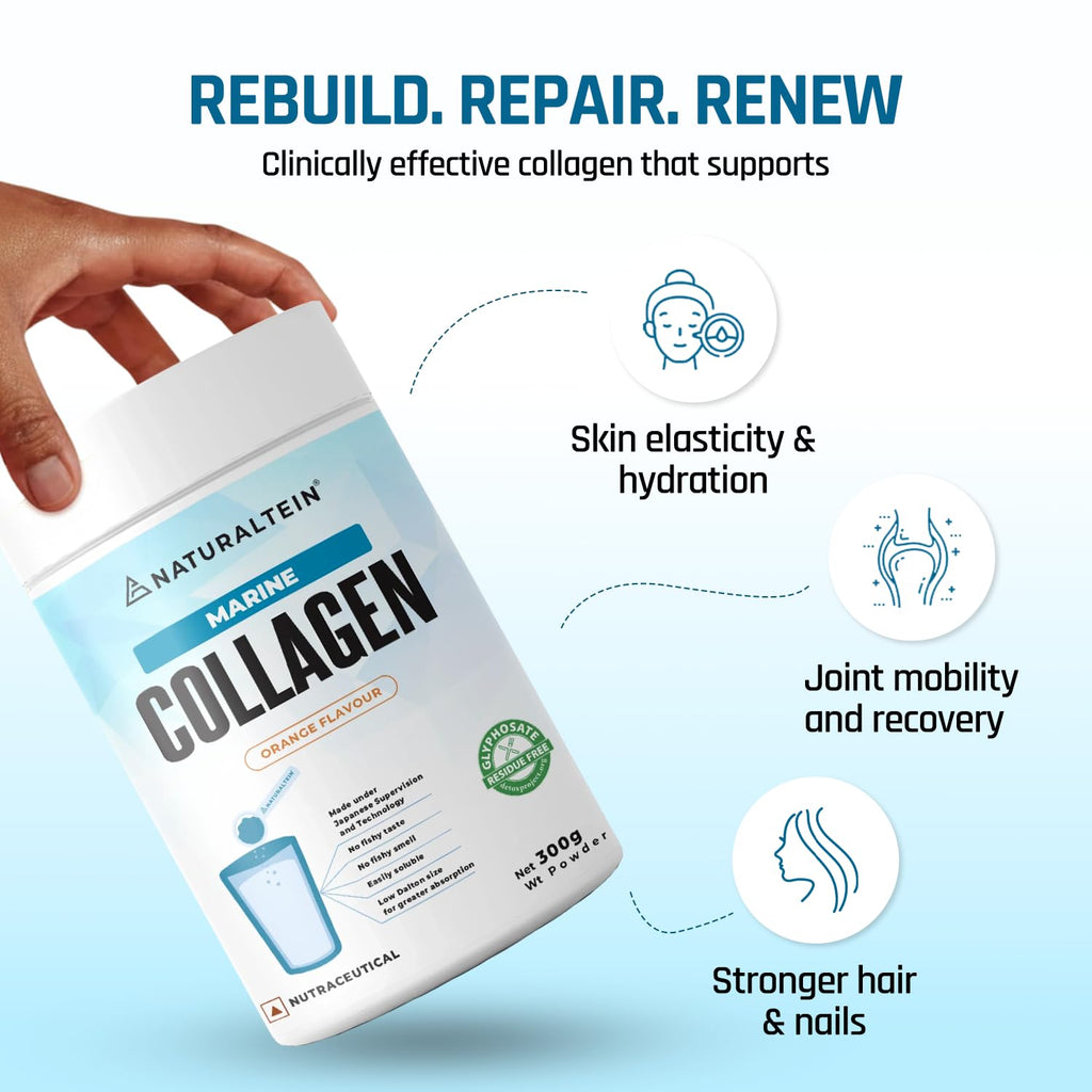 NATURALTEIN Pure Marine Collagen Supplement, 300g | Hydrolyzed Collagen Powder and Amino Acids | Supports Healthy Skin, Hair, Nails, Bone & Joint | Flavour: Orange