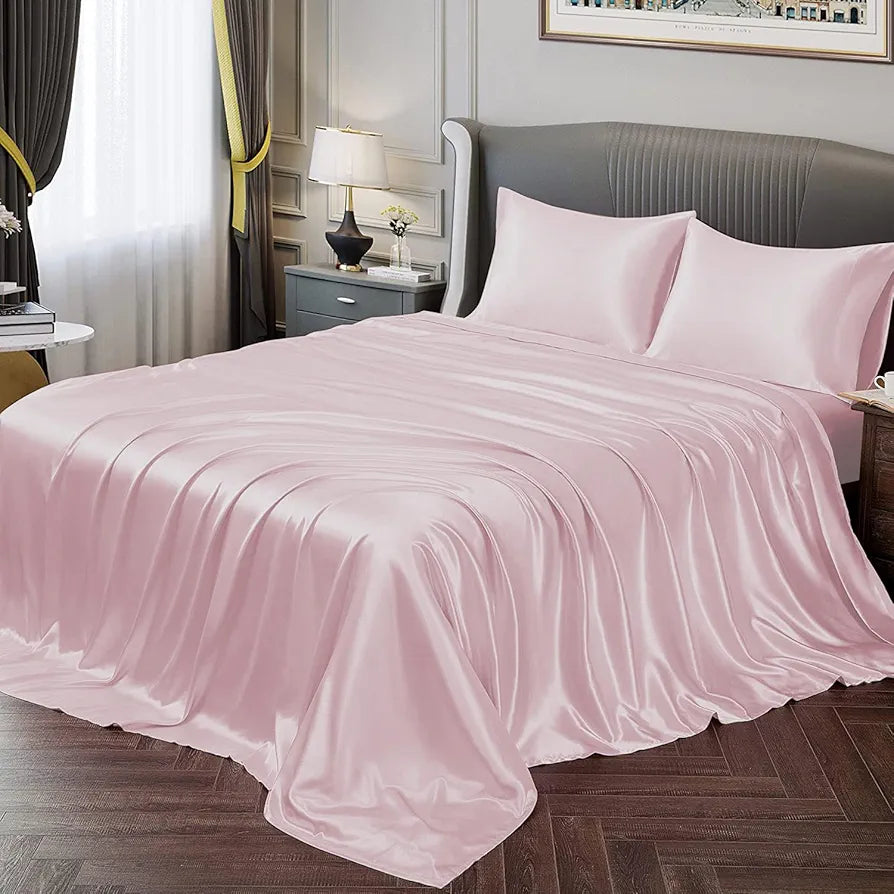 Cloth Fusion Satin Bedsheet for Queen Size Bed Set of 1  & 2 Pillow Covers Baby Pink