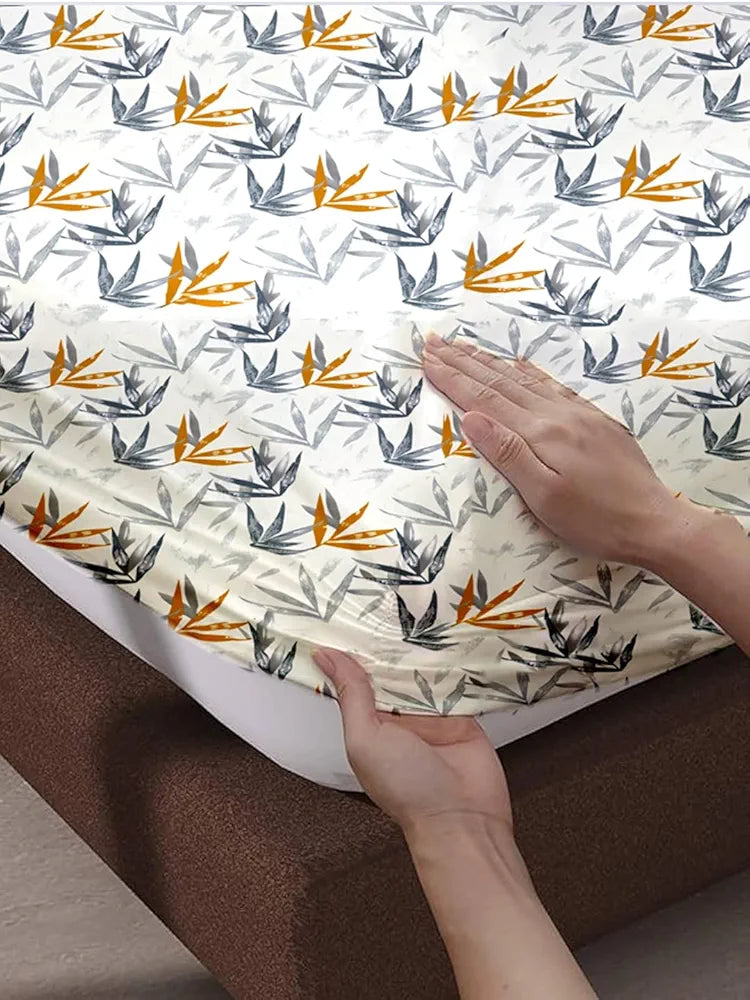 Trance Home Linen 180TC 100% Cotton 72"x60" Double Bed Size Elastic Fitted Bedsheet with 2 Pillow Covers Colour White Grace Leaves