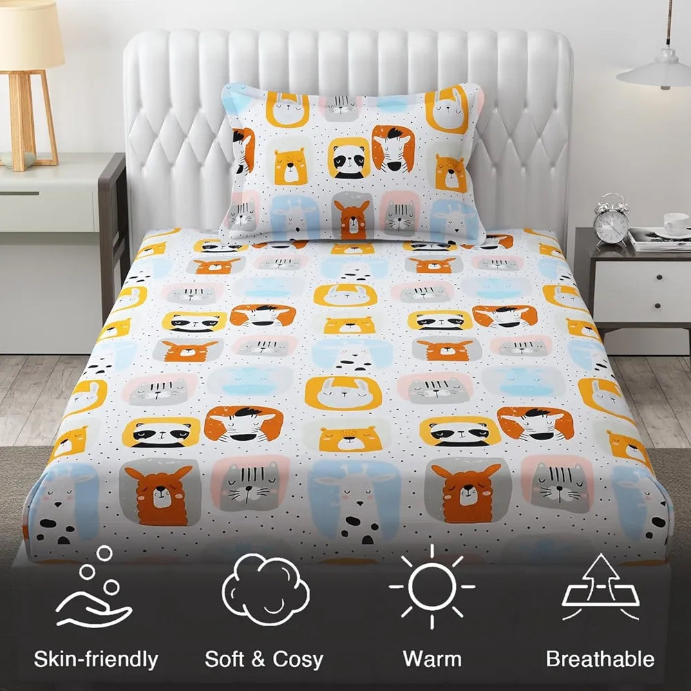 Fresh From Loom Glace Cotton 300 tc Elastic Fitted Cartoon Printed Cream Panda Smallsingle