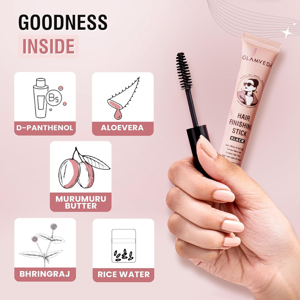 GLAMVEDA Black Hair Finishing Stick for Frizzy Hair | Anti-Frizz Hair Fix Stick for Flyaways & Baby Hair | Non-Sticky & Non-Greasy Formula | Long-Lasting Hold with Rice Water | 20ml