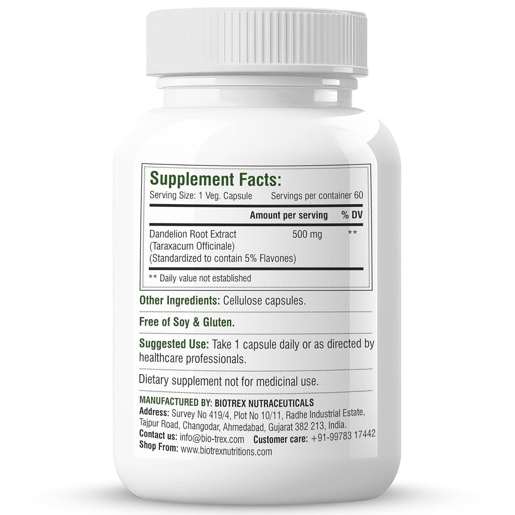 Biotrex Nutraceuticals Dandelion 500mg | Natural Diuretic & Antioxidant | Liver Support and Body Detox | Supports Digestion | Regulates Glucose Levels | 60 Veg Capsules