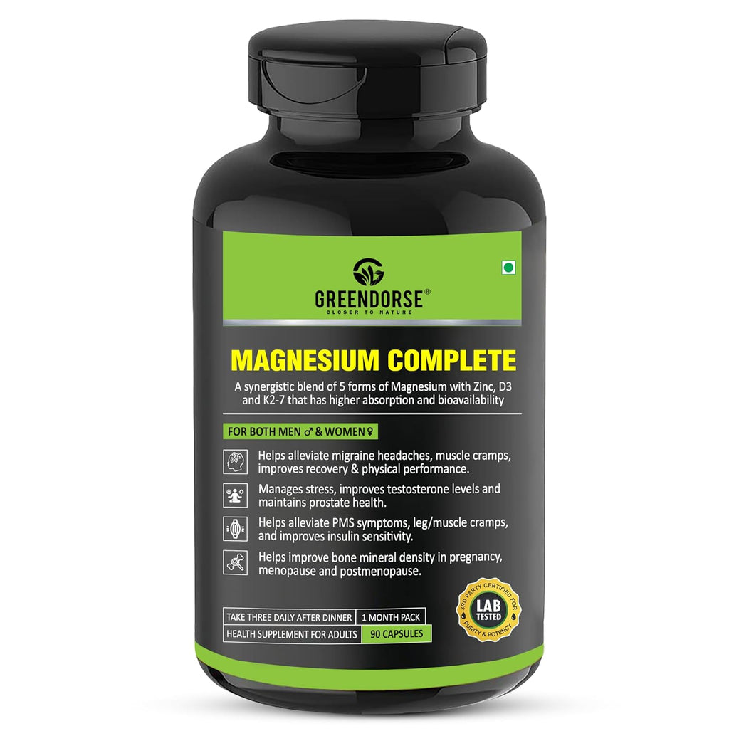 GREENDORSE Magnesium Complete - High Absorption Magnesium Complex with 5 Forms + Zinc, D3 & K2-7 | Bioavailable formula for Muscle Cramps, Stress Relief, Bone Health, and PMS | 90 Veg Capsules