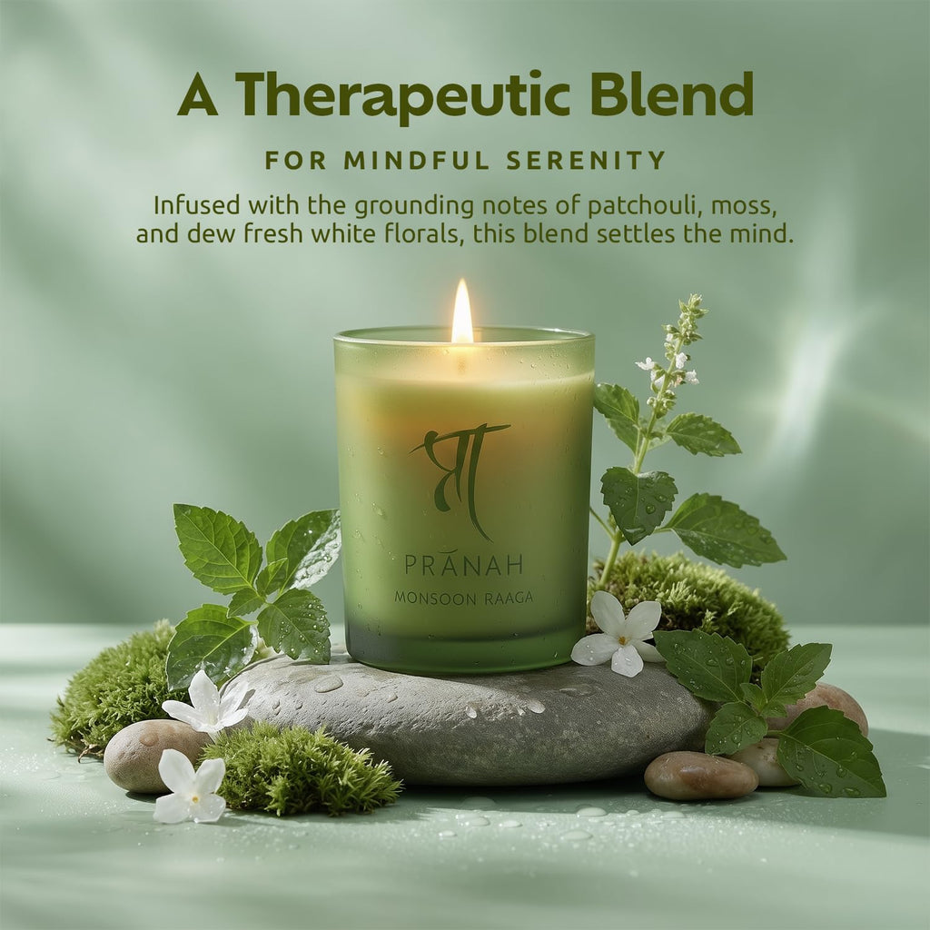 Pranah Monsoon Raaga Aromatherapy Scented Candle | 128g, 28 Hours Burn | Wet Earth & Woody White Floral Notes | Musky Patchouli Oil | Soy Wax, Vegan | Earthy & Sweet Calm