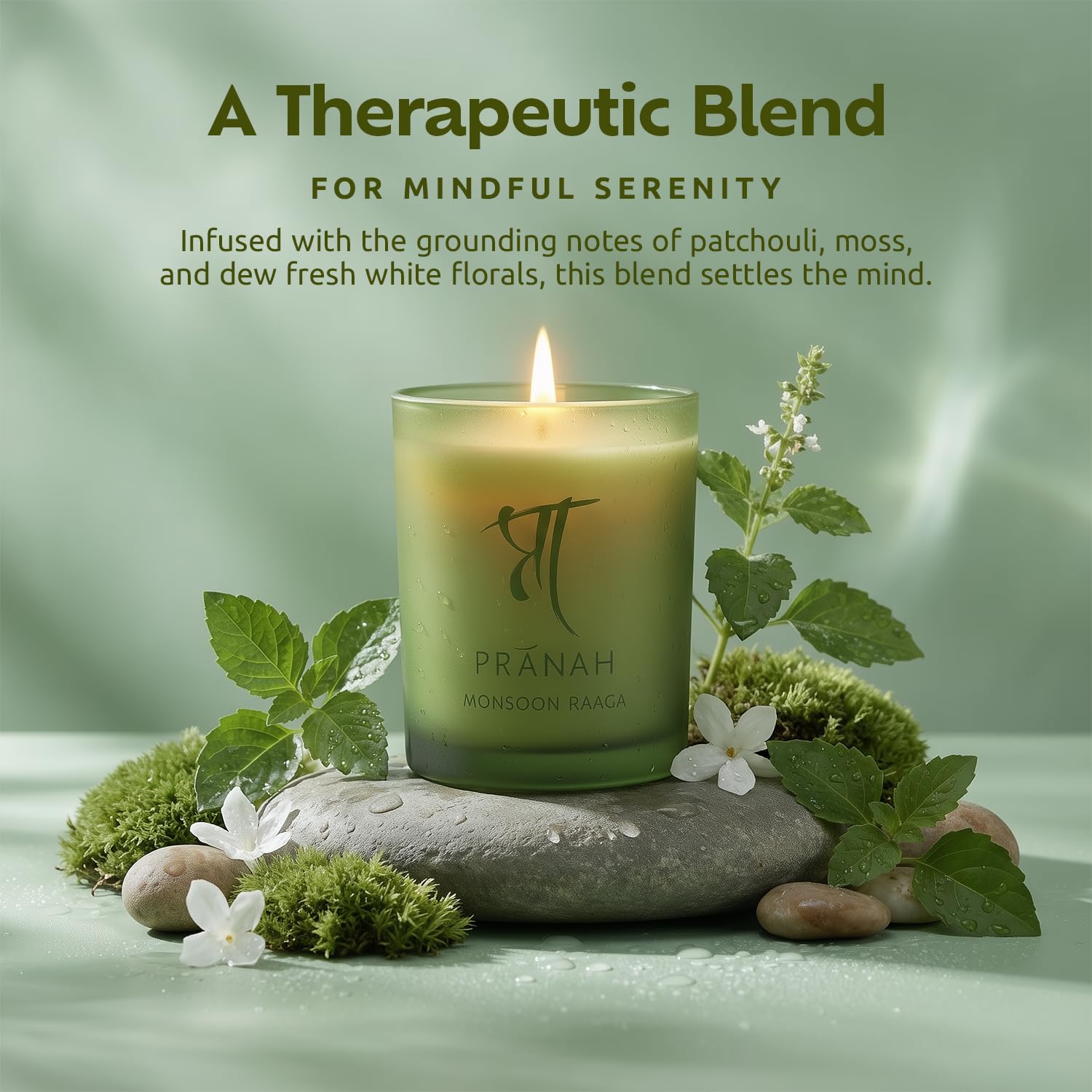 Pranah Monsoon Raaga Aromatherapy Scented Candle | 128g, 28 Hours Burn | Wet Earth & Woody White Floral Notes | Musky Patchouli Oil | Soy Wax, Vegan | Earthy & Sweet Calm