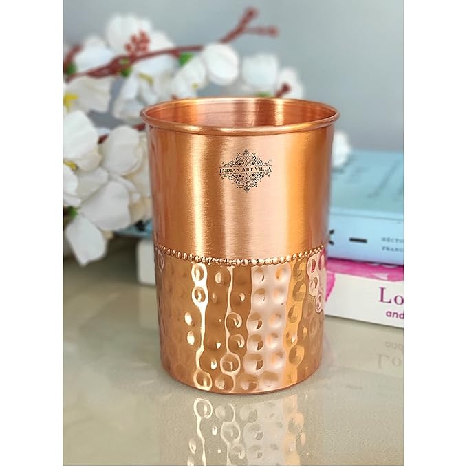 Indian Art Villa Pure Copper Glass With Half Lacquer Hammer Design Tumbler Cup (Pack of 2)