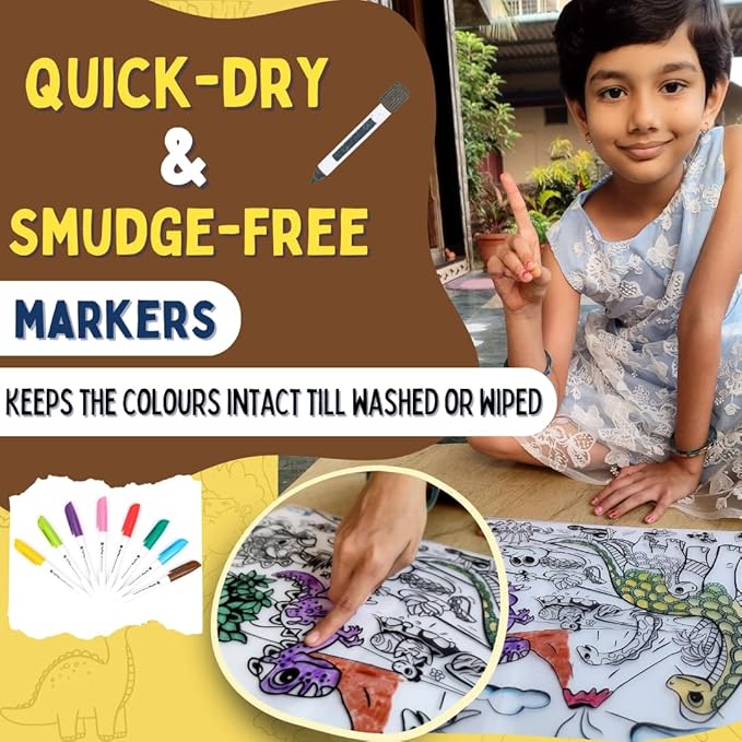 PepPlay Prehistoric Series Mat Doodle Sheets with 6 Smudge Free Washable & Quick Dry Marker Pens