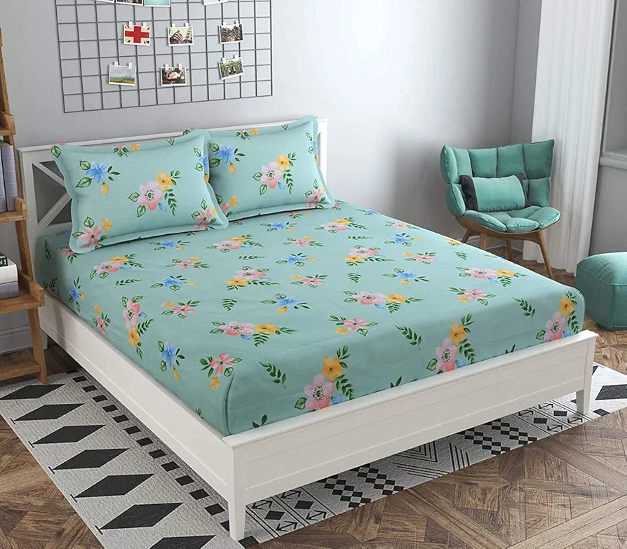 The Home Style Cotton Feel Glace Cotton Printed Double Bed Bedsheet With 2 Pillow Cover 300 TC Sea-Green Pista