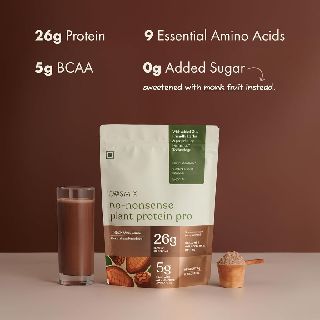 Cosmix No-Nonsense Plant Protein PRO 26g Protein | Yeast Protein & Pea Protein Blend | Indonesian Cacao, 1Kg Pouch x 1 | Clean, Easy to Digest