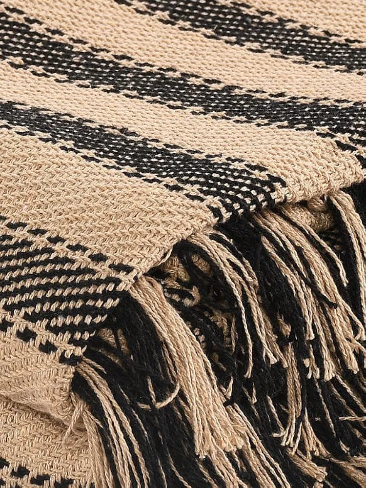 Sashaa World Striped Throw Medium with Tasselled Edges Colour Camel